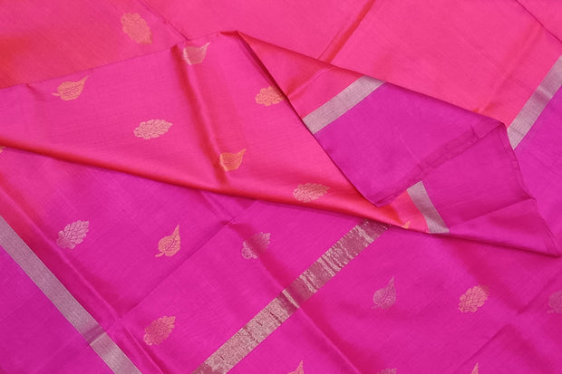 Handwoven Uppada pure silk saree in double shaded pink with gold & silver motifs