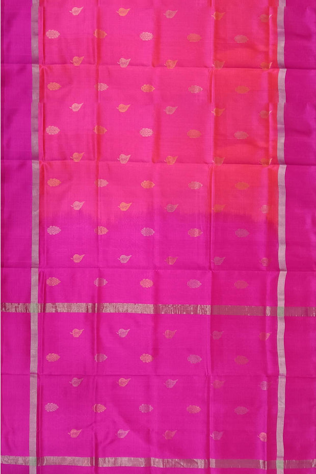 Handwoven Uppada pure silk saree in double shaded pink with gold & silver motifs