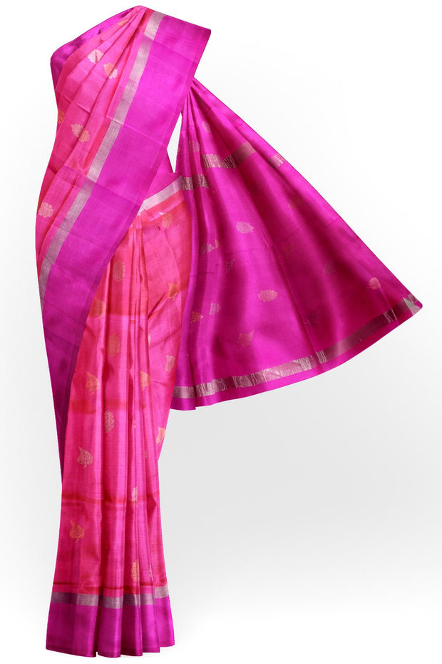 Handwoven Uppada pure silk saree in double shaded pink with gold & silver motifs