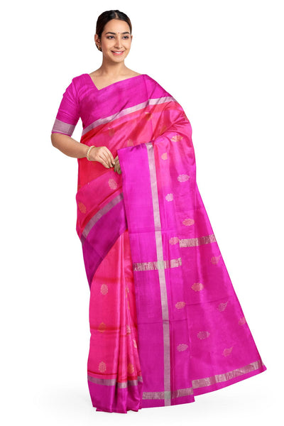 Handwoven Uppada pure silk saree in double shaded pink with gold & silver motifs