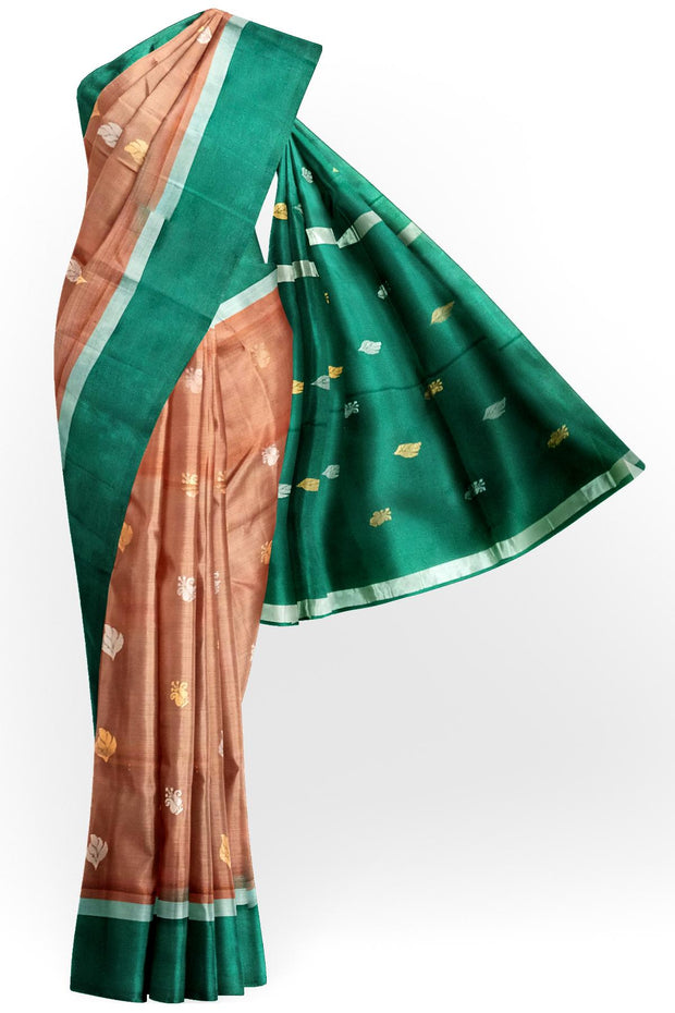 Handwoven Uppada pure silk saree in double shaded brown with gold & silver motifs