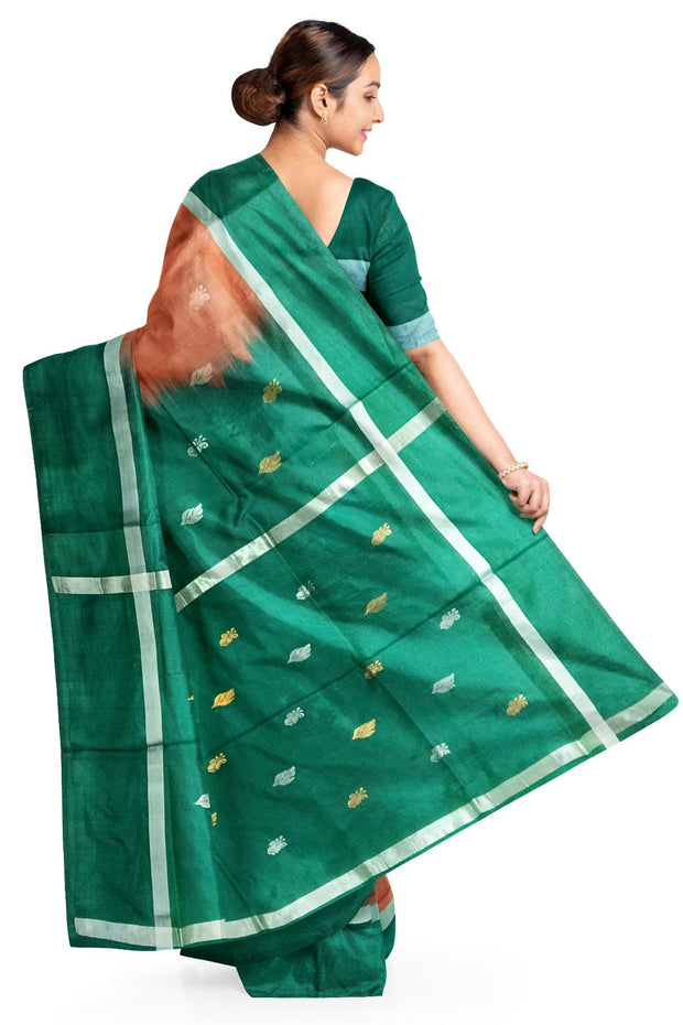 Handwoven Uppada pure silk saree in double shaded brown with gold & silver motifs