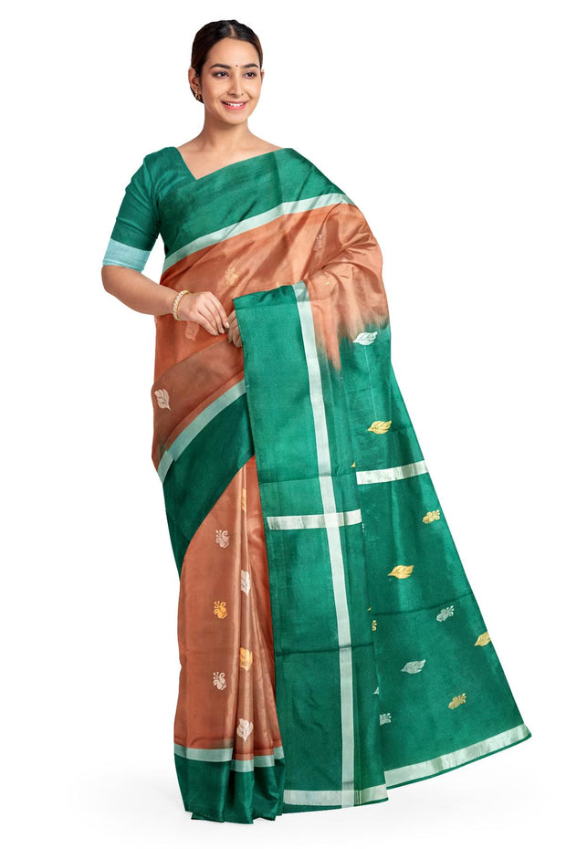 Handwoven Uppada pure silk saree in double shaded brown with gold & silver motifs
