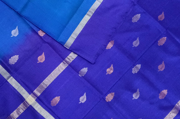 Handwoven Uppada pure silk saree in double shaded blue with gold & silver motifs