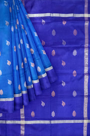 Handwoven Uppada pure silk saree in double shaded blue with gold & silver motifs