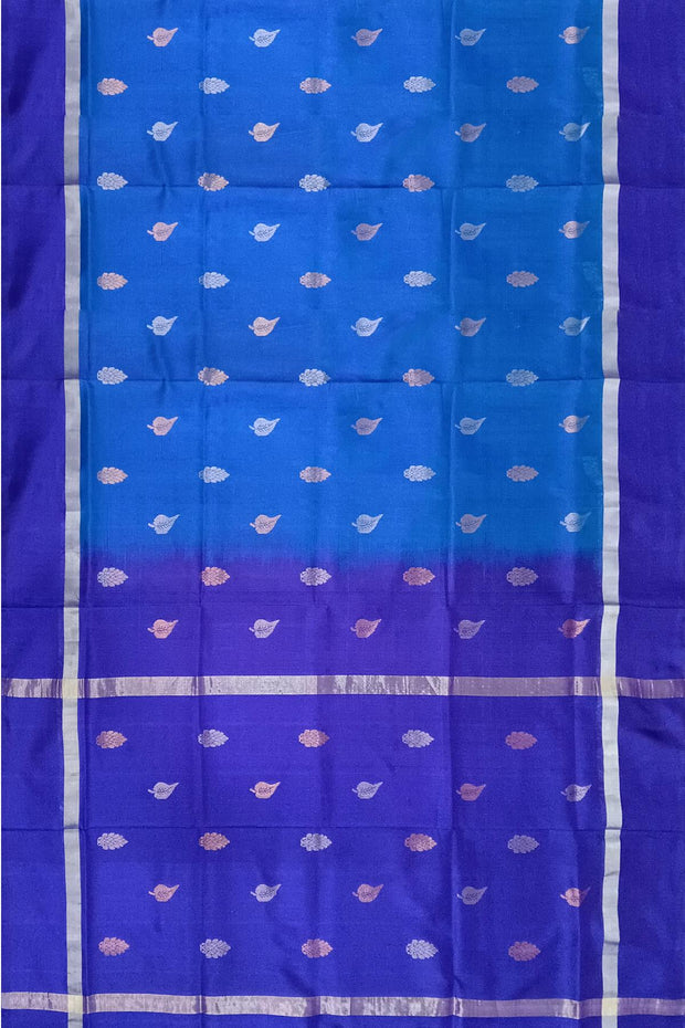 Handwoven Uppada pure silk saree in double shaded blue with gold & silver motifs