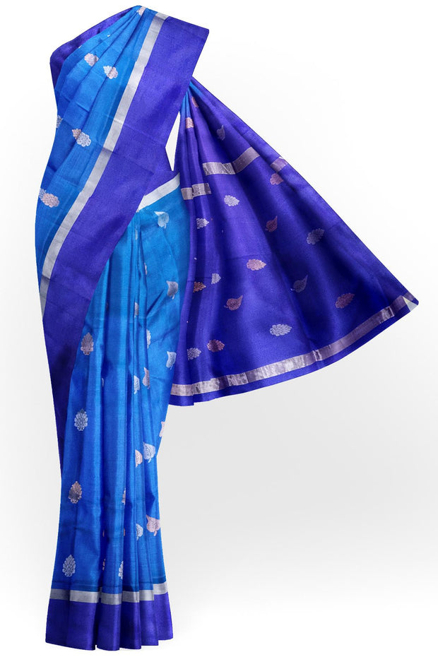 Handwoven Uppada pure silk saree in double shaded blue with gold & silver motifs