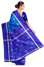 Handwoven Uppada pure silk saree in double shaded blue with gold & silver motifs