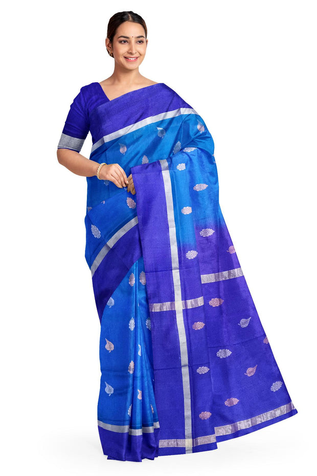 Handwoven Uppada pure silk saree in double shaded blue with gold & silver motifs