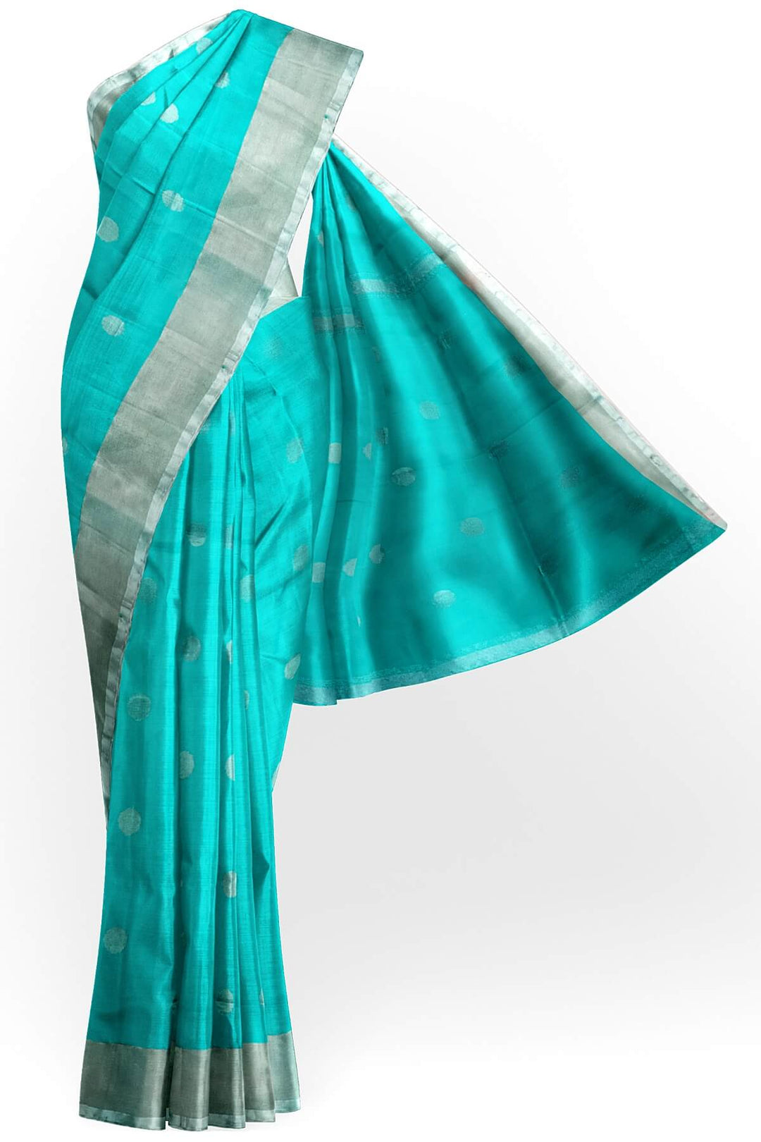 Handwoven Uppada pure silk saree in teal blue with silver motifs