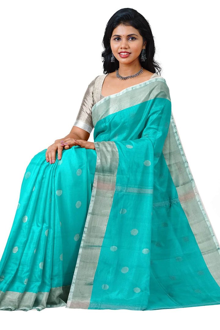 Handwoven Uppada pure silk saree in teal blue with silver motifs