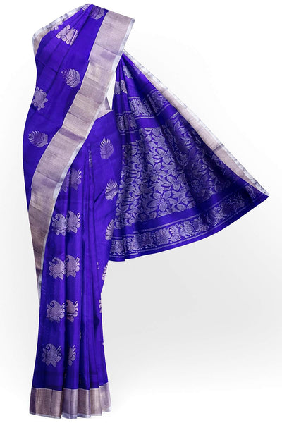 Handwoven Uppada pure silk saree in royal blue with  floral motifs .