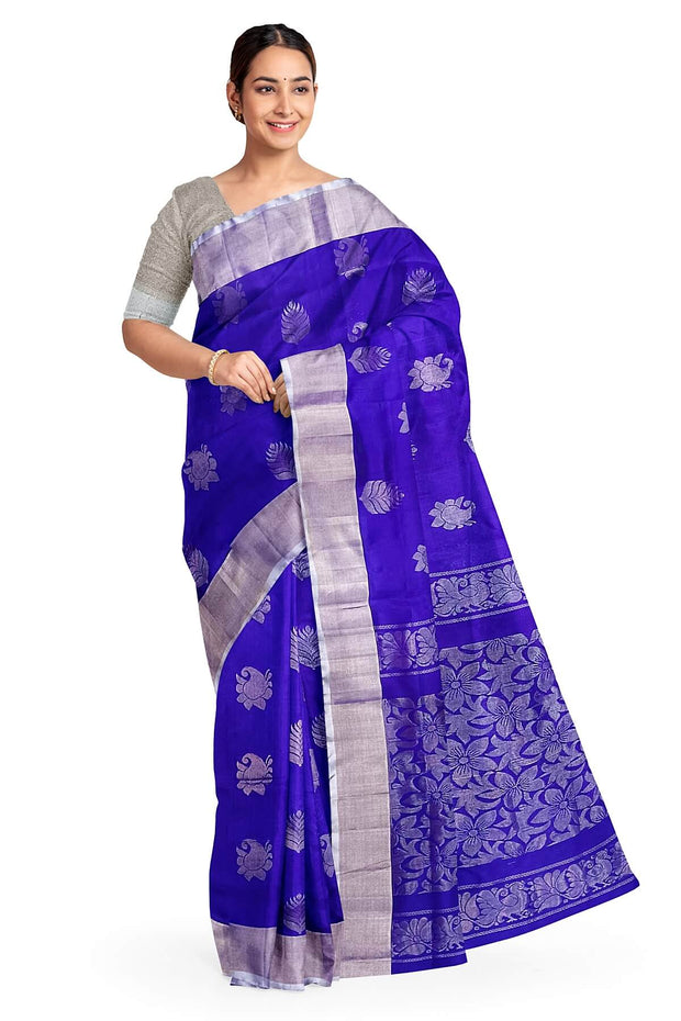 Handwoven Uppada pure silk saree in royal blue with  floral motifs .