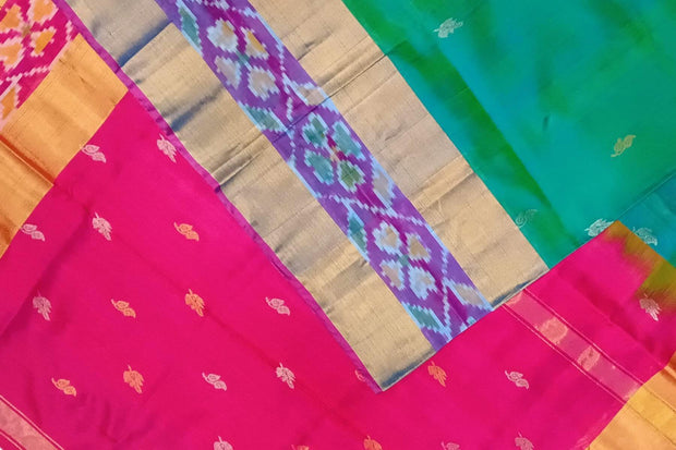 Handwoven Uppada pure silk saree in teal green with ikat border