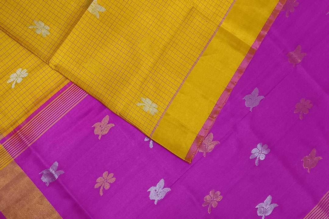 Handwoven Uppada pure silk saree in yellow in fine checks with gold & silver motifs.