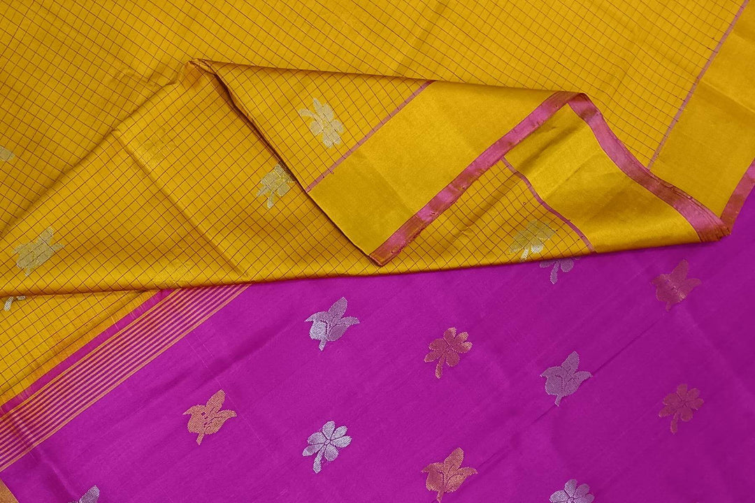 Handwoven Uppada pure silk saree in yellow in fine checks with gold & silver motifs.