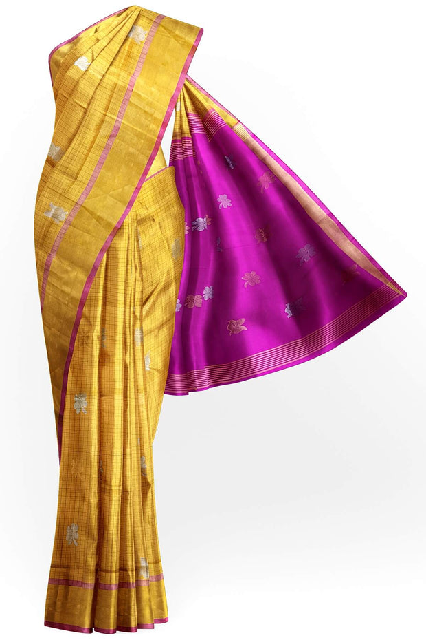 Handwoven Uppada pure silk saree in yellow in fine checks with gold & silver motifs.