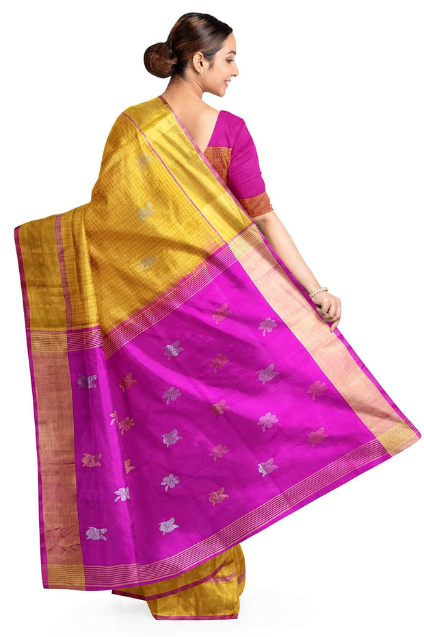 Handwoven Uppada pure silk saree in yellow in fine checks with gold & silver motifs.