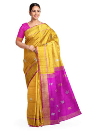 Handwoven Uppada pure silk saree in yellow in fine checks with gold & silver motifs.