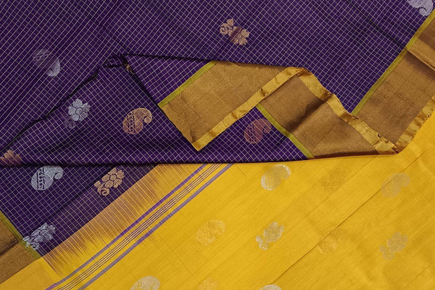 Handwoven Uppada pure silk saree in wine in fine checks with gold & silver motifs.