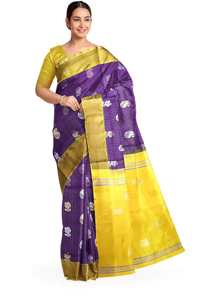 Handwoven Uppada pure silk saree in wine in fine checks with gold & silver motifs.