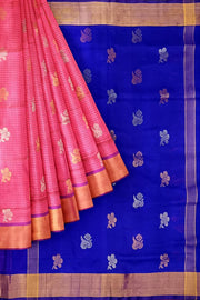 Handwoven Uppada pure silk saree in strawberry pink in fine checks with gold & silver motifs.