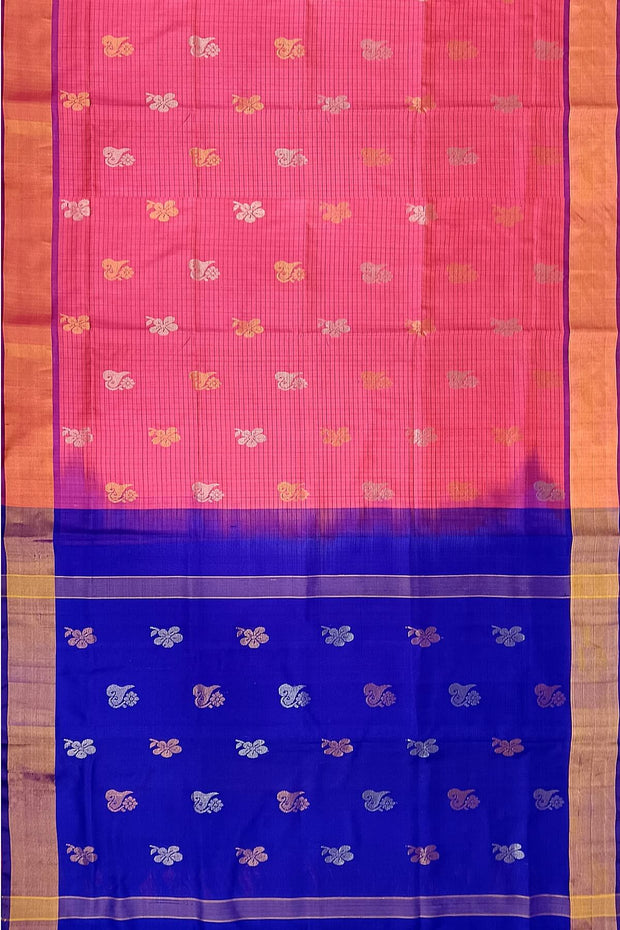Handwoven Uppada pure silk saree in strawberry pink in fine checks with gold & silver motifs.