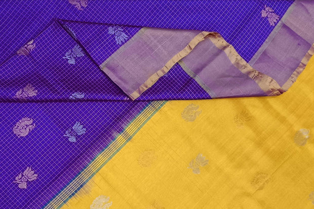 Handwoven Uppada pure silk saree in blue in fine checks with gold & silver motifs.