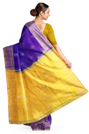 Handwoven Uppada pure silk saree in blue in fine checks with gold & silver motifs.