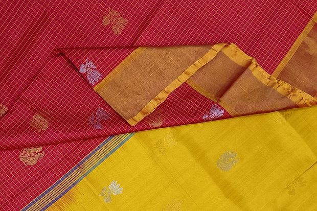 Handwoven Uppada pure silk saree in red in fine checks with gold & silver motifs.