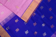 Handwoven Uppada pure silk saree in baby pink in fine checks with gold & silver motifs.