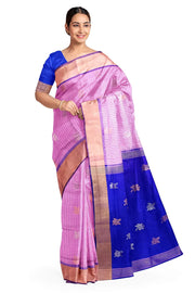 Handwoven Uppada pure silk saree in baby pink in fine checks with gold & silver motifs.