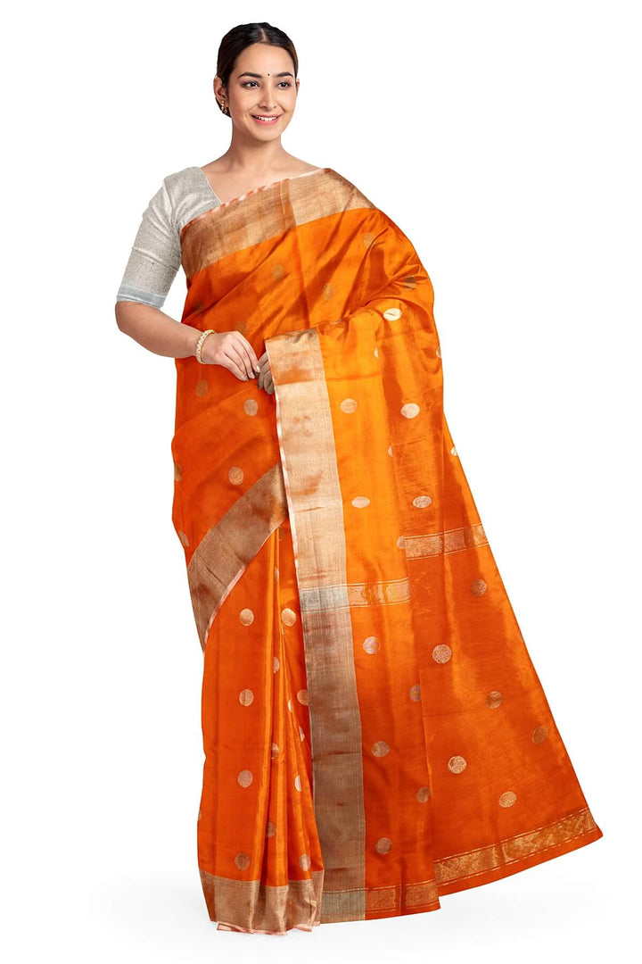 Handwoven Uppada pure silk saree in orange  with round motifs