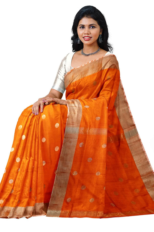 Handwoven Uppada pure silk saree in orange  with round motifs