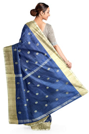 Handwoven Uppada pure silk saree in peacock blue with round motifs