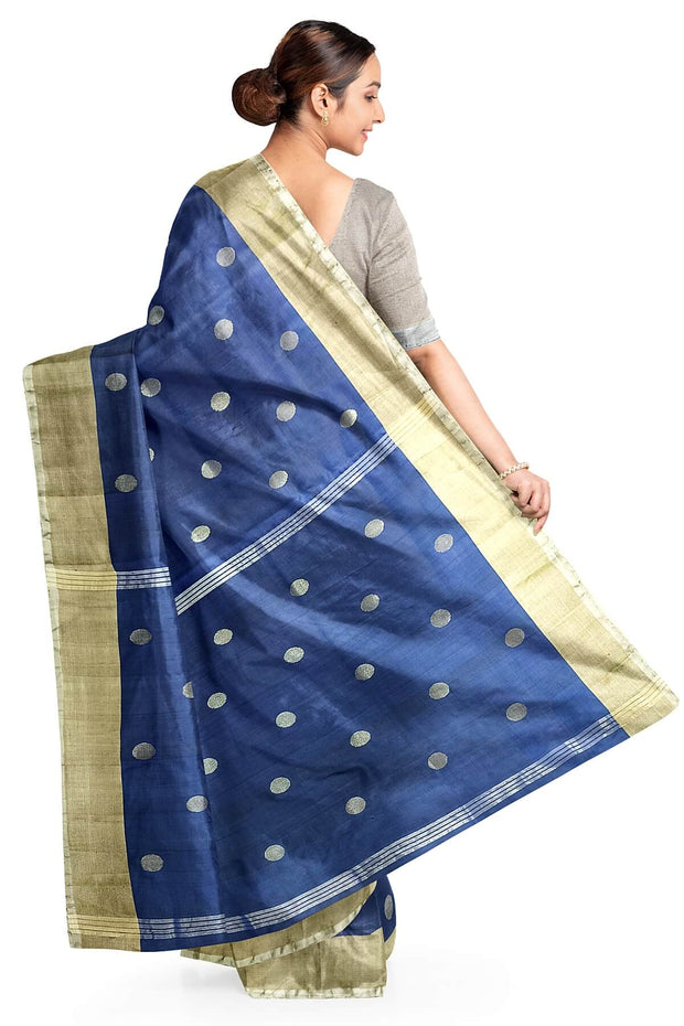 Handwoven Uppada pure silk saree in peacock blue with round motifs
