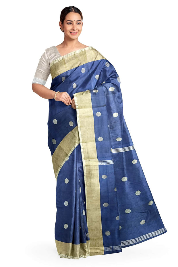 Handwoven Uppada pure silk saree in peacock blue with round motifs