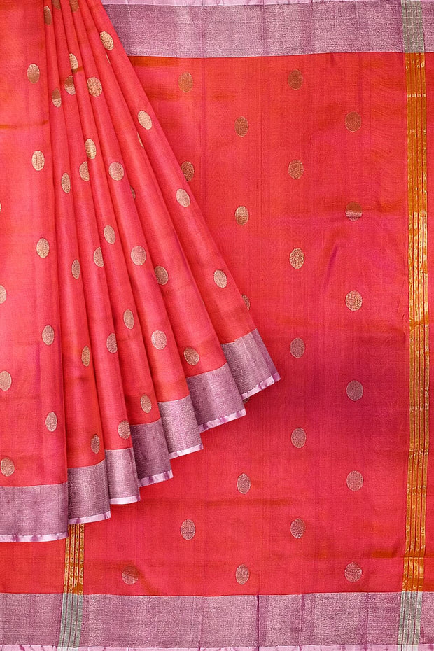 Handwoven Uppada pure silk saree in  orangish pink  with round motifs
