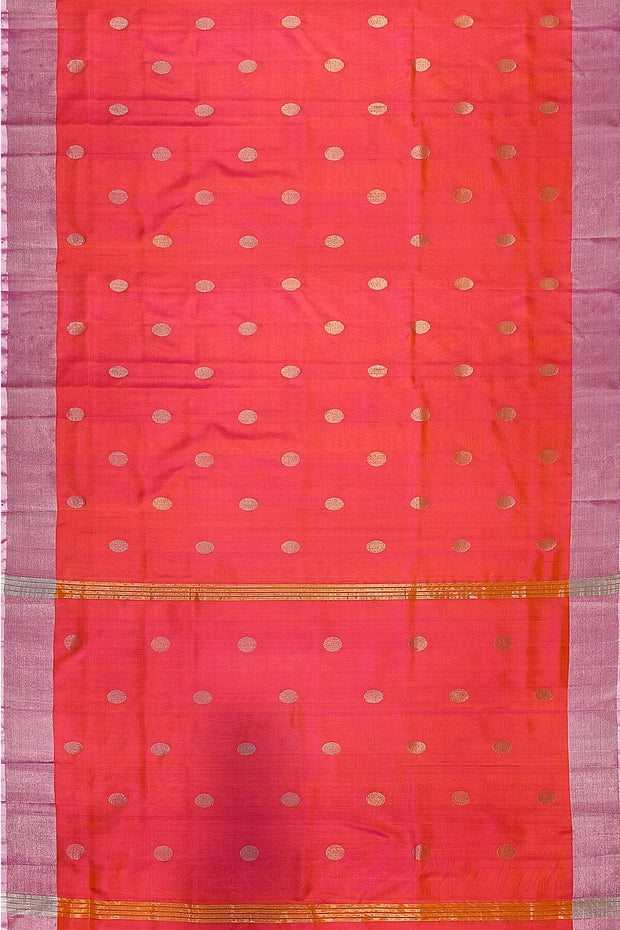 Handwoven Uppada pure silk saree in  orangish pink  with round motifs