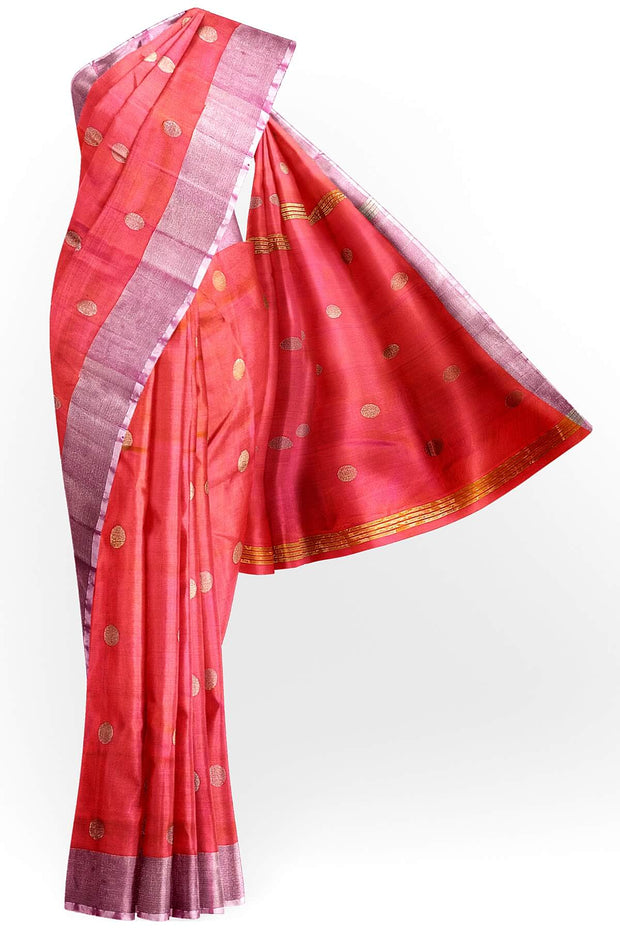 Handwoven Uppada pure silk saree in  orangish pink  with round motifs