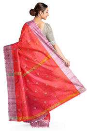 Handwoven Uppada pure silk saree in  orangish pink  with round motifs