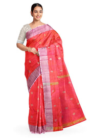 Handwoven Uppada pure silk saree in  orangish pink  with round motifs
