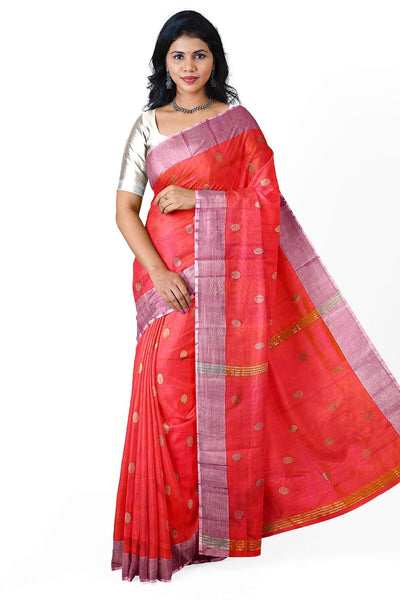 Handwoven Uppada pure silk saree in  orangish pink  with round motifs