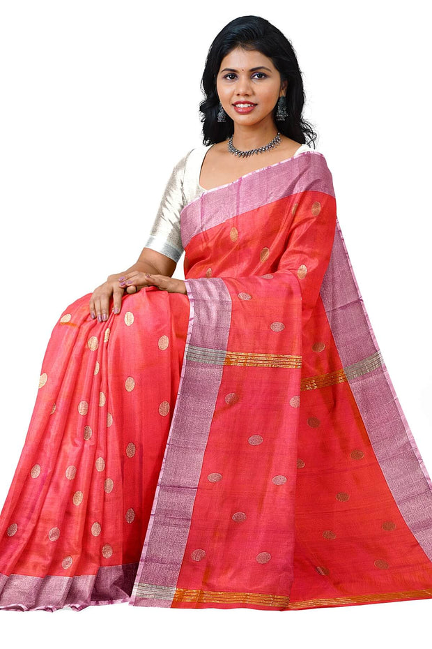 Handwoven Uppada pure silk saree in  orangish pink  with round motifs
