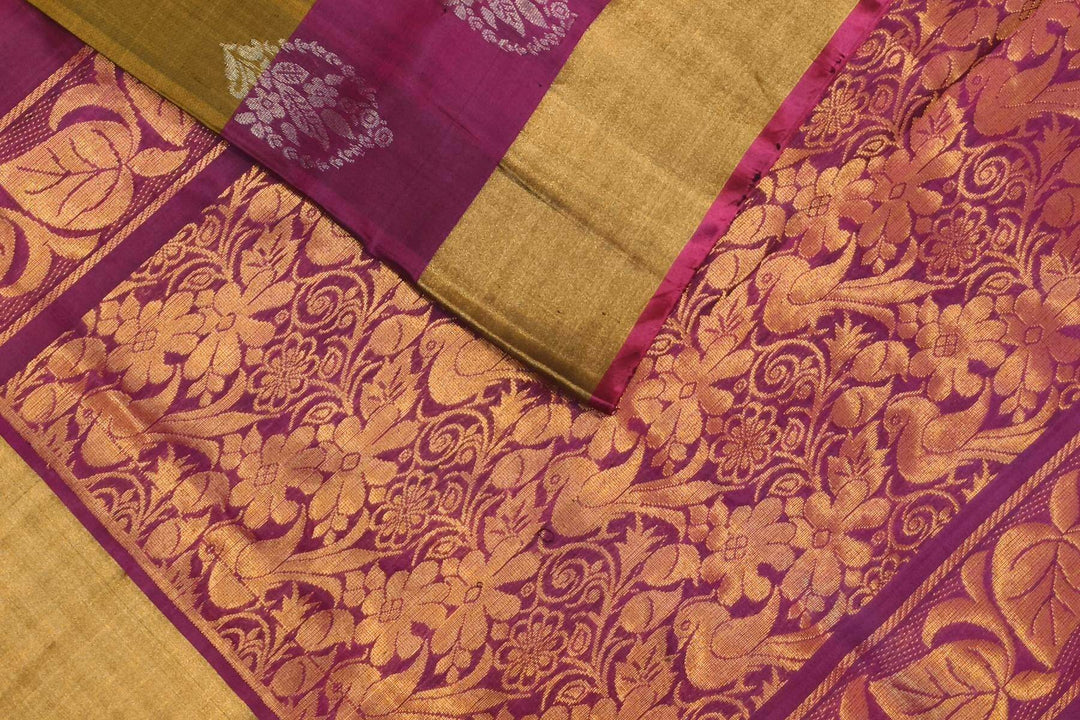 Handwoven Uppada pure silk saree in mehndi green  with gold & silver motifs