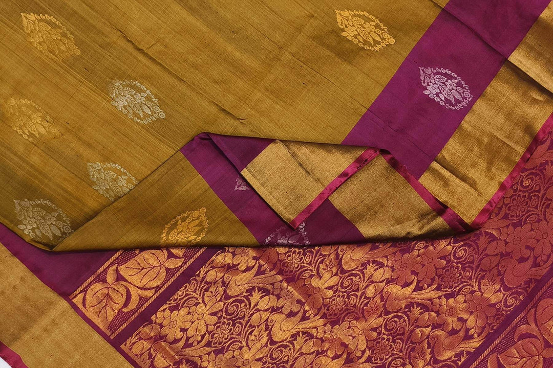 Handwoven Uppada pure silk saree in mehndi green  with gold & silver motifs