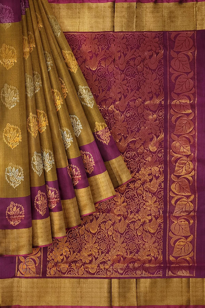 Handwoven Uppada pure silk saree in mehndi green  with gold & silver motifs