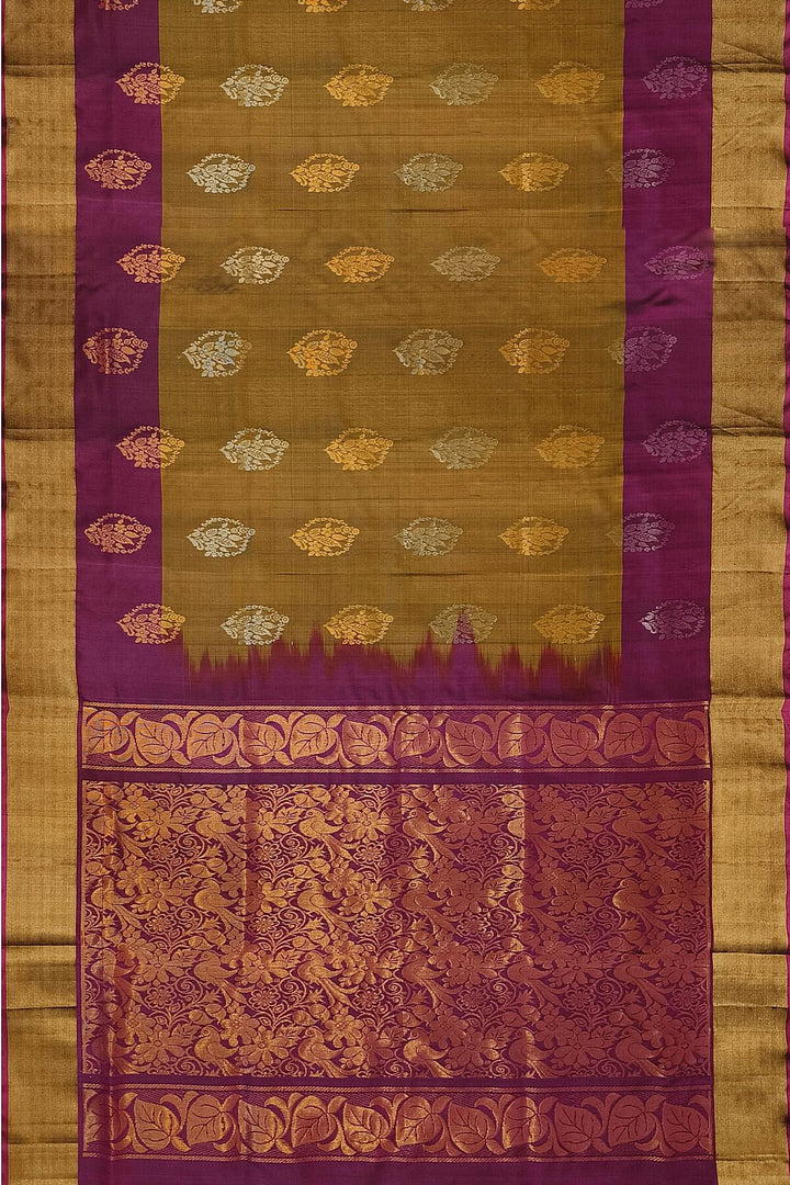 Handwoven Uppada pure silk saree in mehndi green  with gold & silver motifs