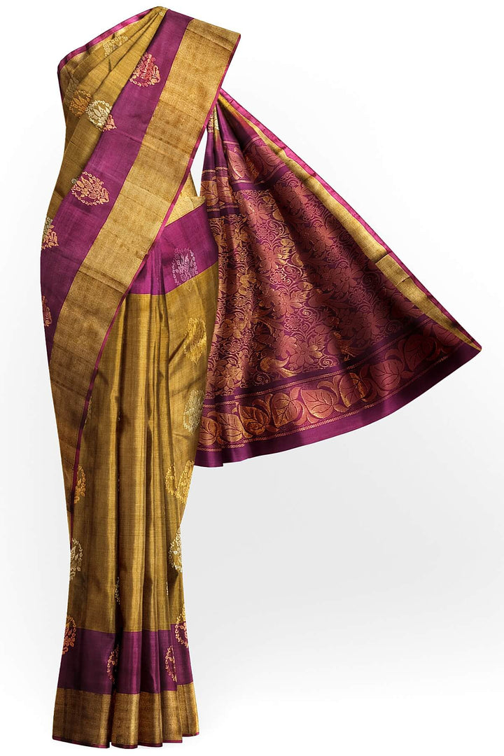 Handwoven Uppada pure silk saree in mehndi green  with gold & silver motifs