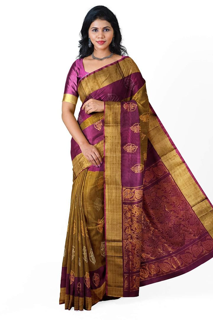 Handwoven Uppada pure silk saree in mehndi green  with gold & silver motifs